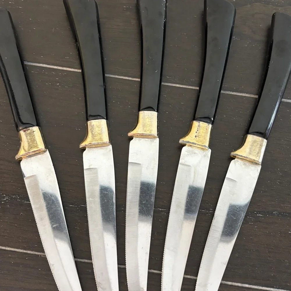 Vintage Armack Sheffield‎ England Steak Knife Set 5pc Black Gold Stainless Steel